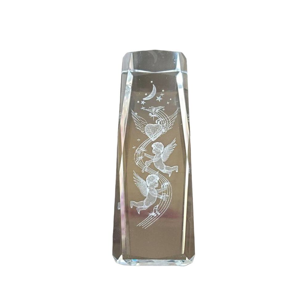 3D Cherub Laser Etched Lead Crystal Glass Solid Monolith Paperweight